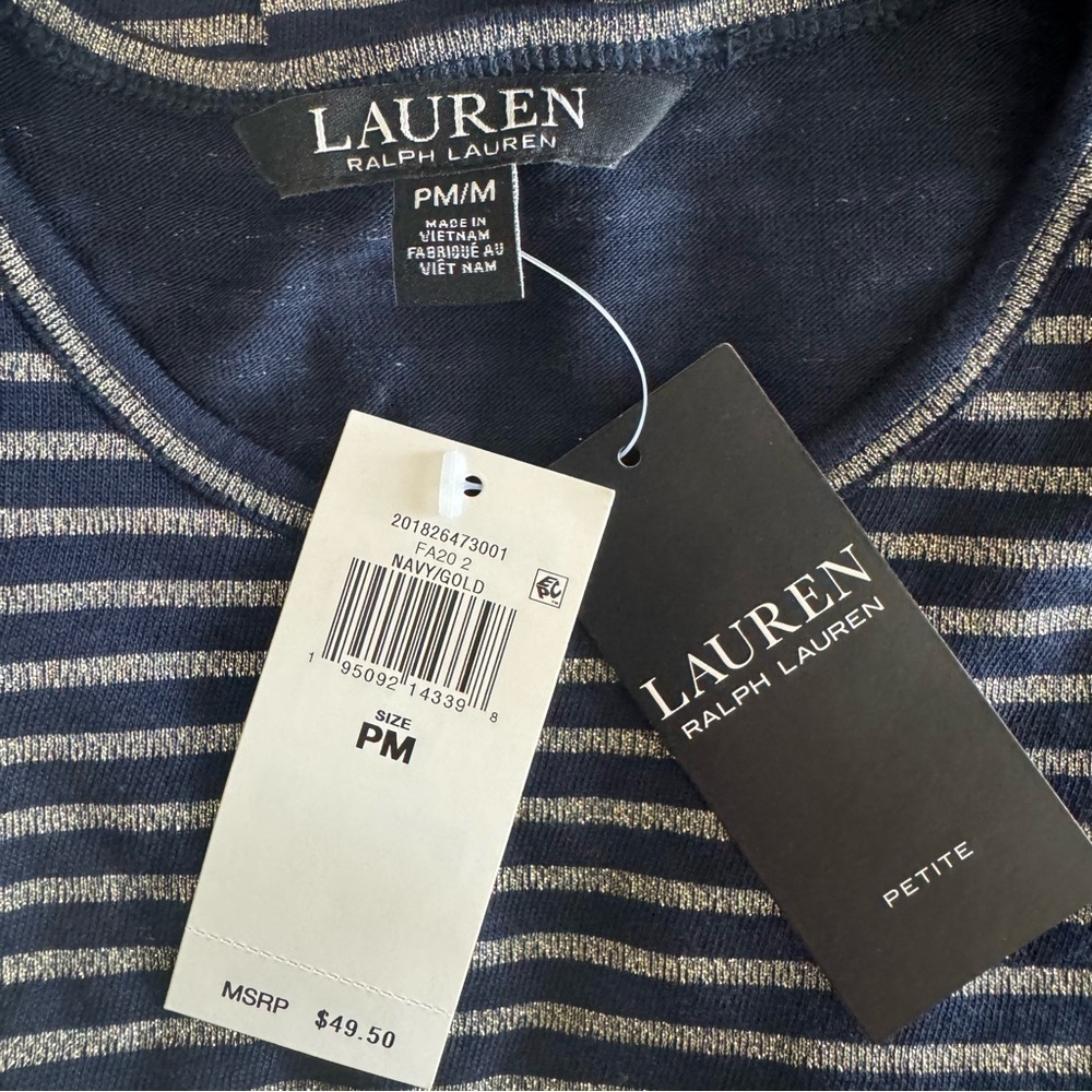 Lauren Ralph Lauren Black Label Navy Metallic Gold Striped Top Size PM/M NWT - Picture 7 of 10